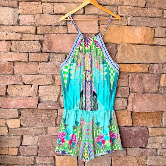 Hale Bob M Women Teal Green Geometric Floral Halter Romper Boho Summer Vacation - Picture 2 of 14